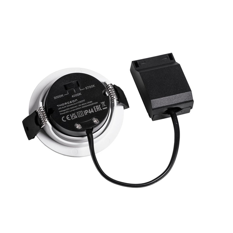 5W, 400lm, LED Slim Downlight, IP44, IK04, 3000K/4000K/5700K, DIM, CCT, 70-75mm, Valkoinen LED alasvalo Thorgeon