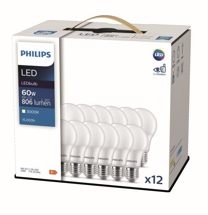 Philips CorePro LED-lamppu E27 8W 806lm – päärynänmuoto, A60, 12 kpl pakkaus