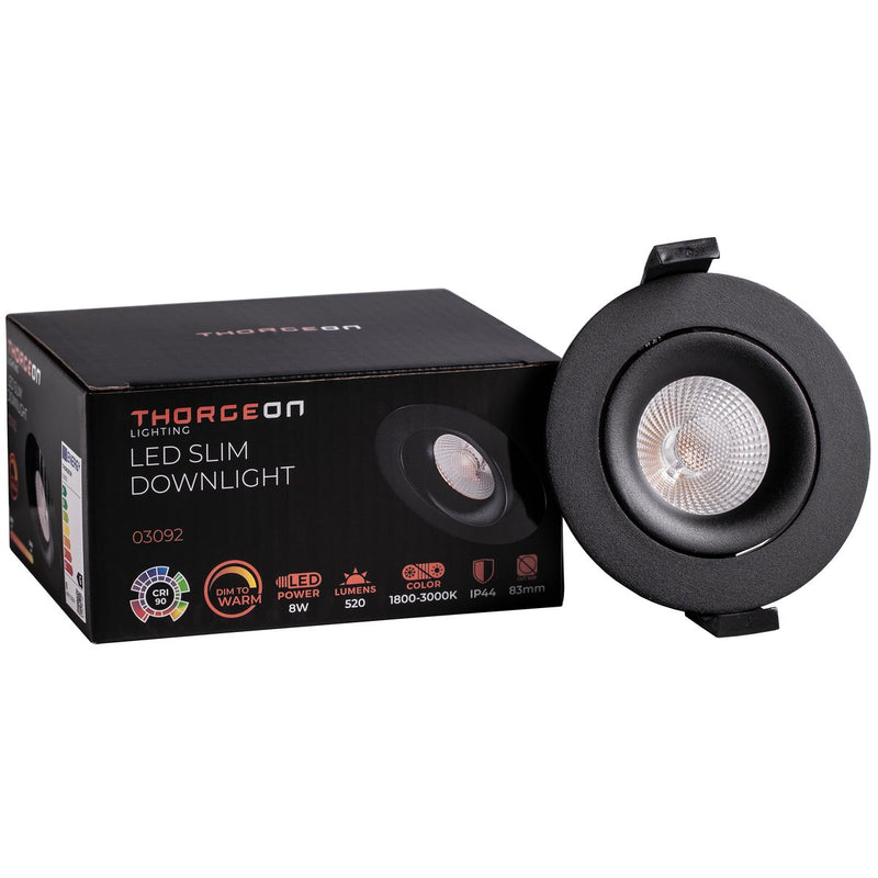 8W, 520lm, LED Downlight, Dim to Warm, 38°, IP44, IK04, 1800K/3000K, 83mm, Musta LED alasvalo Thorgeon