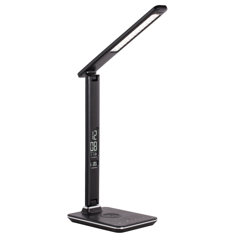 9 W, 350 lm, 2800 K/4200 K, dimmbar, kabelloses Laden 5 V 1 A, LCD-Display, Thorgeon LED-Schreibtischleuchte in Lederoptik Schwarz