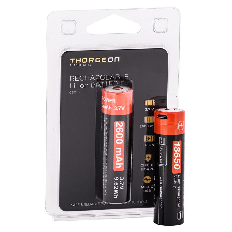 Thorgeon Li-ion ladattava akku 18650 2600mAh 3,7V – USB-ladattava, 1 kpl