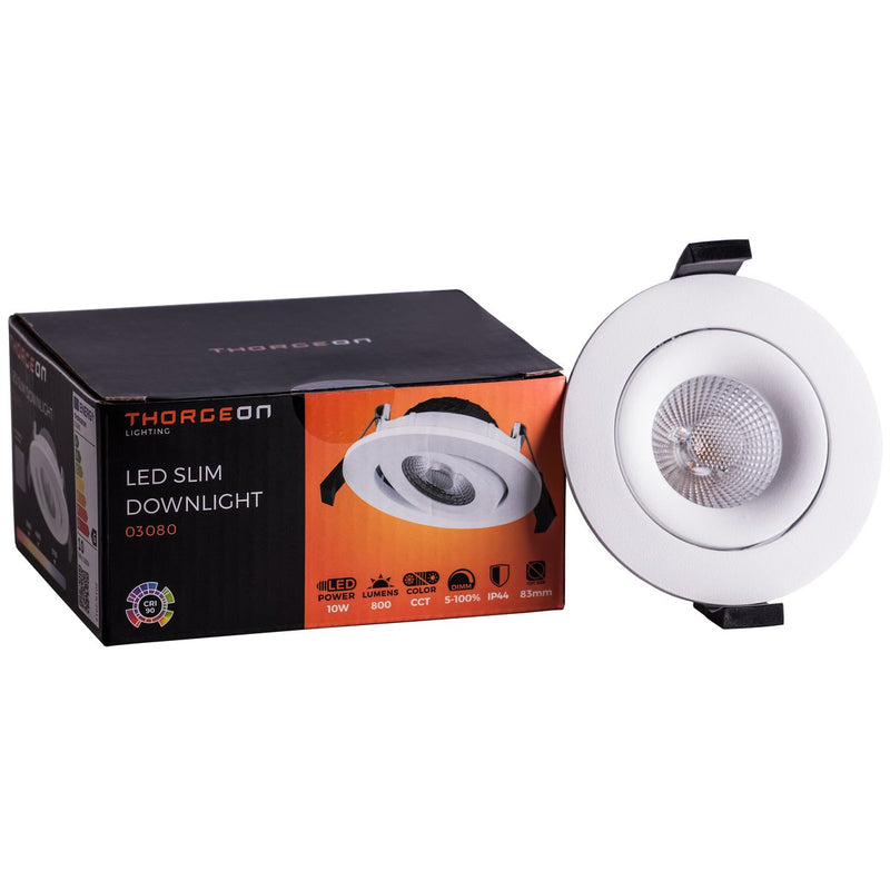 10W, 800lm, LED Downlight, DIM, CCT, 40°, IP44, IK04, 3000K/4000K/5700K, 83-88mm, Valkoinen LED alasvalo Thorgeon