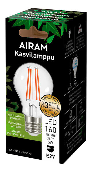 5W, 160lm, A60, E27, 60x105mm, LED Kasvilamppu Airam