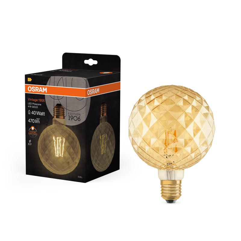 4W, 470lm, Vintage 1906 Big Globe Filament Pine GOLD, E27, 2400K, 125x168mm, LED Sisustuslamppu Osram
