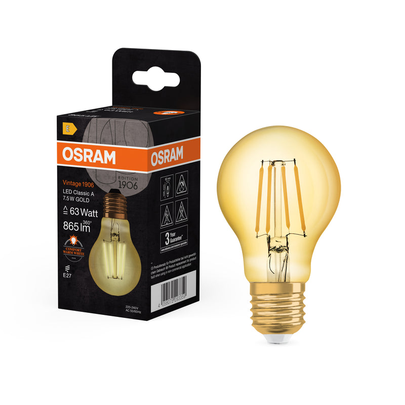 7.5W, 865lm, Vintage 1906 Classic Filament GOLD, 2400K, E27, 60x105mm, LED Sisustuslamppu Osram