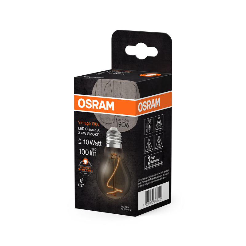 3.4W, 100lm, Vintage 1906 Classic A Filament Smoke, E27, 1800K, 60x105mm, LED Sisustuslamppu Osram