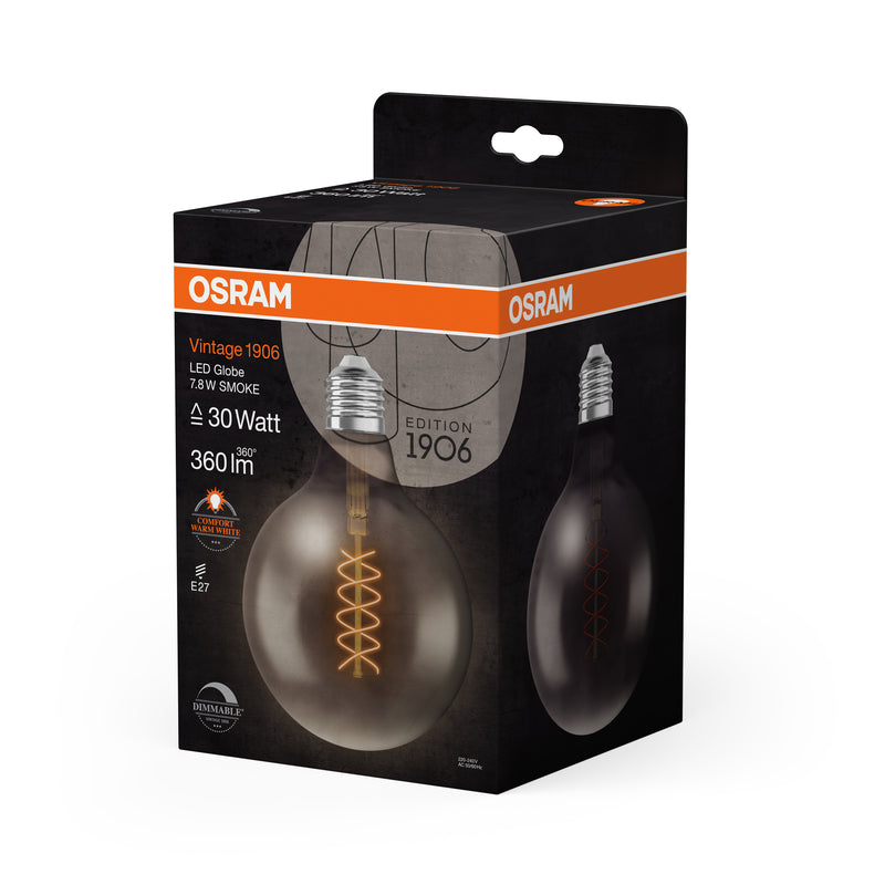 7.8W, 360lm, Vintage 1906 Globe Filament SMOKE DIM, E27, 1800K, 124x173mm, LED Decorative Lamp Osram
