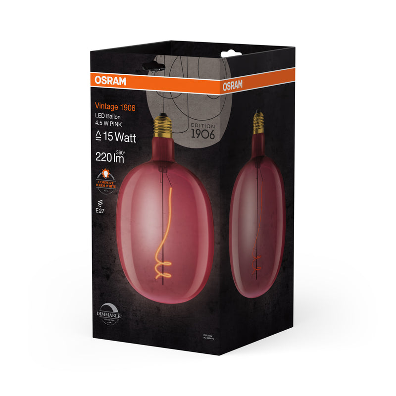 4,5W, 220lm, Vintage 1906 Ballon Filament Pink DIM, E27, 1600K, 170x270mm, LED-Dekorationslampe Osram