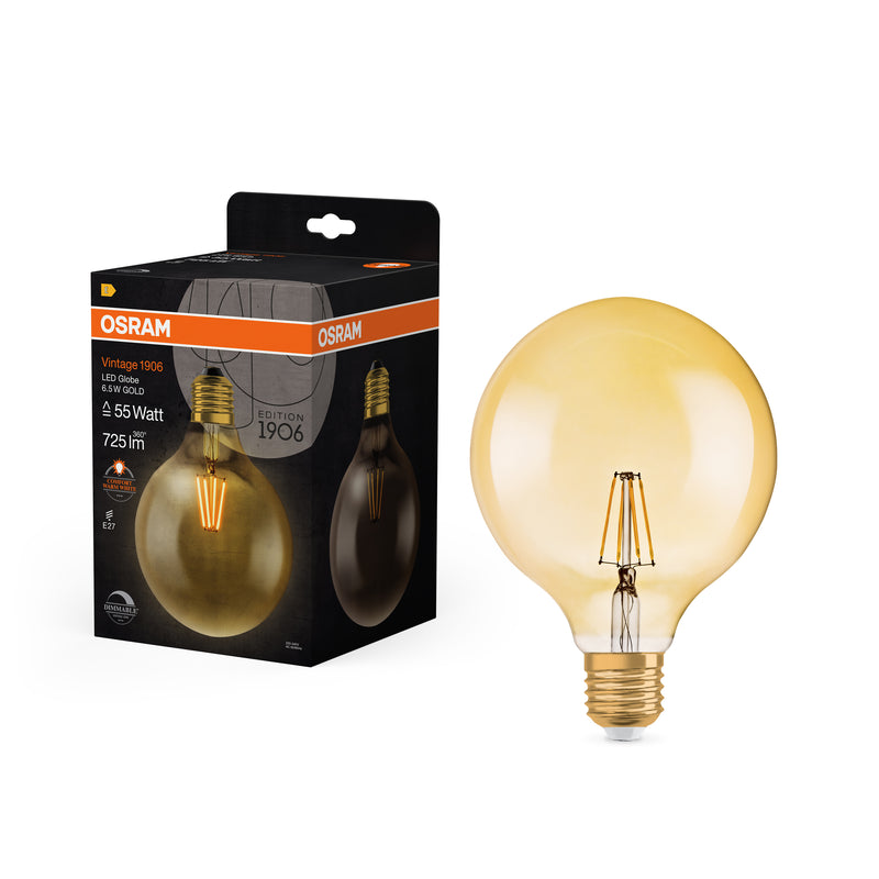 6.5W, 725lm, Vintage 1906 Globe Filament GOLD DIM, E27, 2400K, 124x168mm, LED Sisustuslamppu Osram