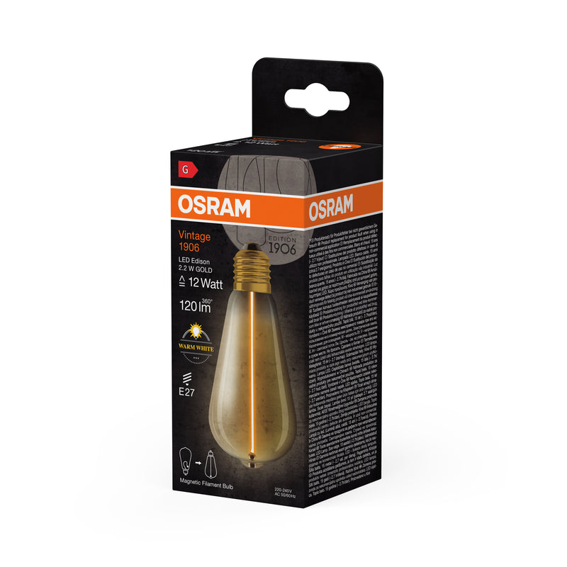 2.2W, 120lm, Vintage 1906 Edison Filament Magnetic GOLD, E27, 2700K, 64x140mm, LED Decorative Lamp Osram