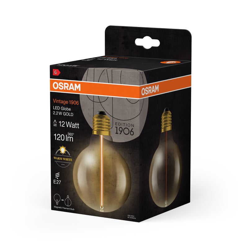 2.2W, 120lm, Vintage 1906 Globe Filament Magnetic GOLD, E27, 2700K, 95x138mm, Osram LED Decorative Lamp