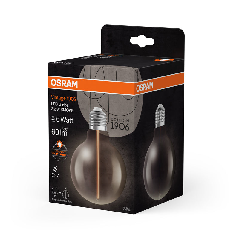 2.2W, 60lm, Vintage 1906 Globe Filament Magnetic SMOKE, E27, 1800K, 95x138mm, LED Sisustuslamppu Osram