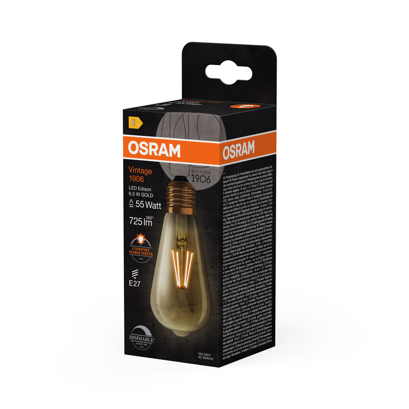 6.5W, 725lm, Vintage 1906 Classic Edison Filament GOLD DIM, E27, 2400K, 64x143mm, Osram LED Decorative Lamp