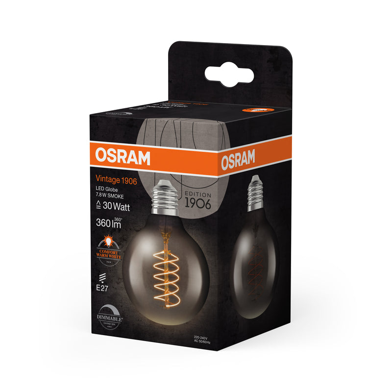 7.8W, 360lm, Vintage 1906 Globe Filament SMOKE DIM, E27, 1800K, 80x120mm, LED Sisustuslamppu Osram