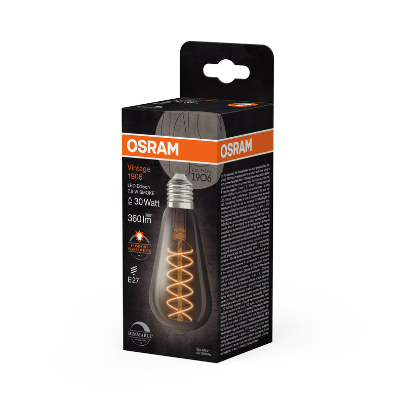 7.8W, 360lm, Vintage 1906 Edison Filament SMOKE DIM, E27, 1800K, 64x140mm, LED Sisustuslamppu Osram