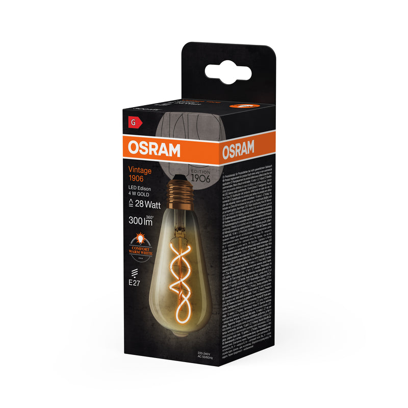 4W, 300lm, Vintage 1906 Edison Filament GOLD, E27, 2000K, 64x143mm, LED Sisustuslamppu Osram