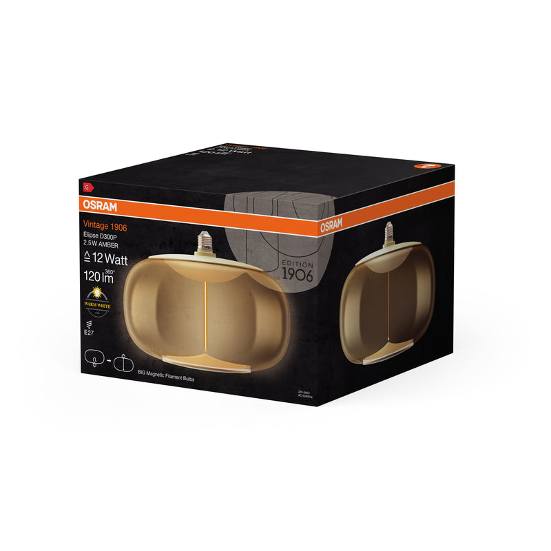 2.5W, 120lm, Vintage 1906 Big Elipse Filament Magnetic AMBER, E27, 2700K, 300x210mm, LED Sisustuslamppu Osram