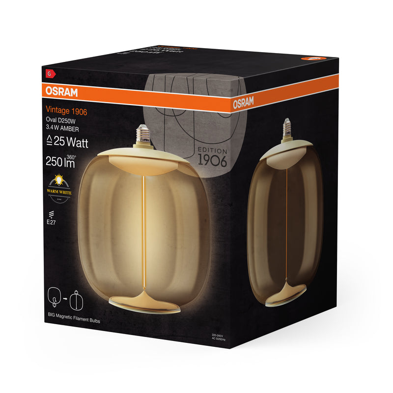 3.4W, 250lm, Vintage 1906 Big Oval Filament Magnetic AMBER, E27, 2700K, 250x300mm, LED Sisustuslamppu Osram