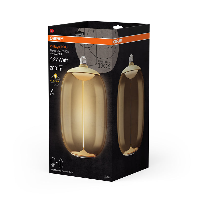 4W, 280lm, Vintage 1906 Big Elipse Oval Filament Magnetic AMBER, 2700K, E27, 200x370mm, LED Sisustuslamppu Osram