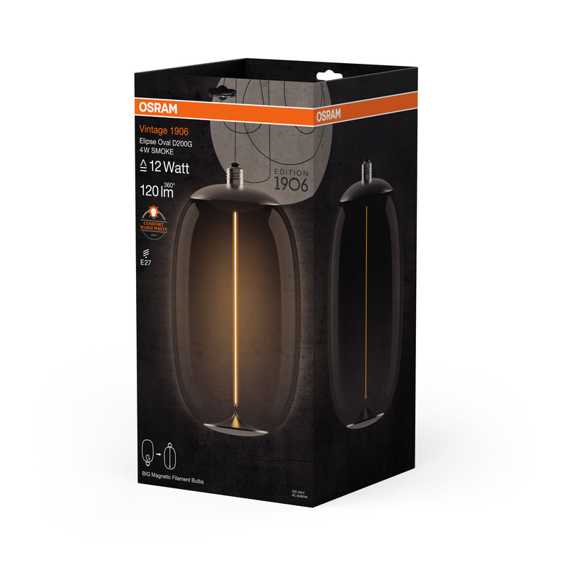 4W, 120lm, Vintage 1906 Big Elipse Oval Filament Magnetic Smoke, 1800K, E27, 200x370mm, LED Sisustuslamppu Osram
