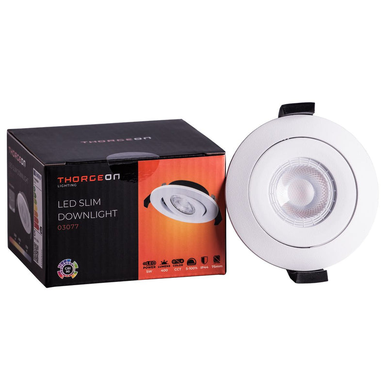 5W, 400lm, LED Slim Downlight, IP44, IK04, 3000K/4000K/5700K, DIM, CCT, 70-75mm, Valkoinen LED alasvalo Thorgeon