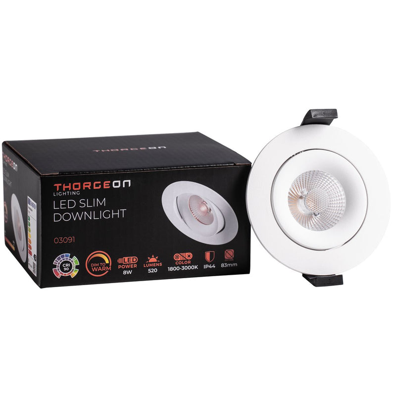8W, 520lm, LED Downlight, Dim to Warm, 38°, IP44, IK04, 1800K/3000K, 83mm, Valkoinen LED alasvalo Thorgeon