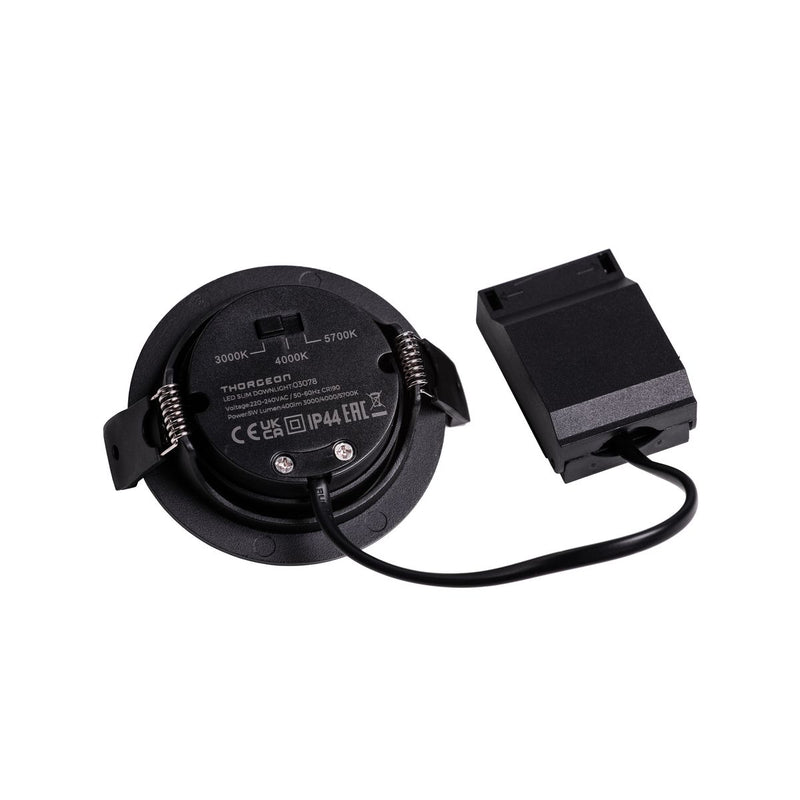 5 W, 400 lm, LED-Slim-Downlight, IP44, IK04, 3000 K / 4000 K / 5700 K, dimmbar, CCT, 70–75 mm, schwarzes LED-Downlight Thorgeon