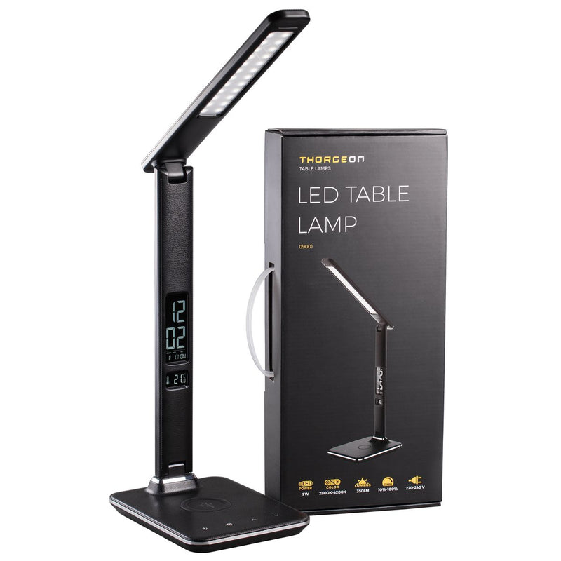 9 W, 350 lm, 2800 K/4200 K, dimmbar, kabelloses Laden 5 V 1 A, LCD-Display, Thorgeon LED-Schreibtischleuchte in Lederoptik Schwarz