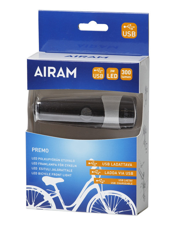 Airam Premo Fahrrad-Frontleuchte 3W LED – USB-aufladbar, Schnellbefestigung