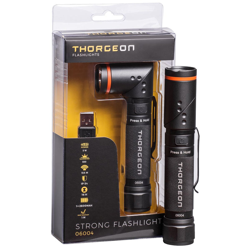 5W, 500lm, Strong Flashlight IPX5, 1x2600mAh, USB-ladattava, LED taskulamppu Thorgeon