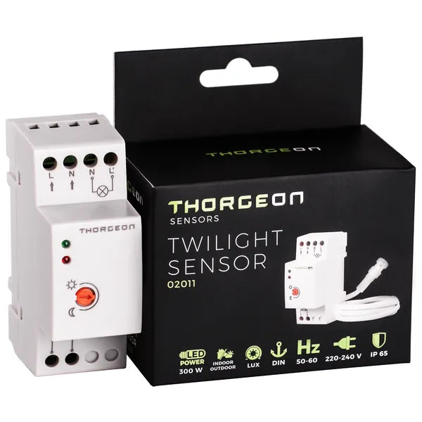 Dämmerungsschalter, max. Schaltleistung 300 W, max. Durchgangsleistung 1200 W, IP65 für DIN-Schienenmontage Thorgeon