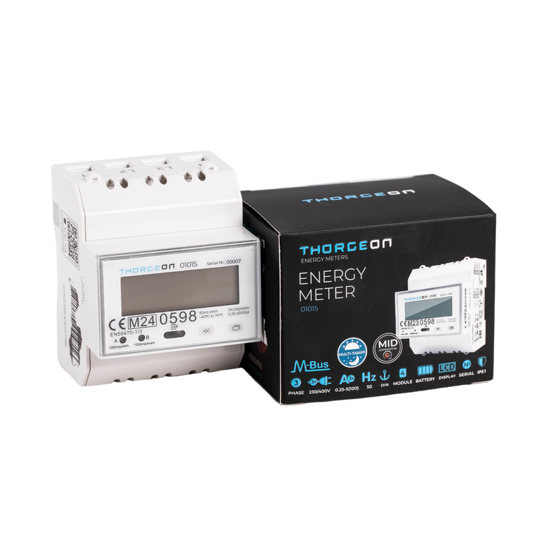 3-phase DIN rail mounted energy meter 80A M-Bus Multi-tariff MID certificate Thorgeon