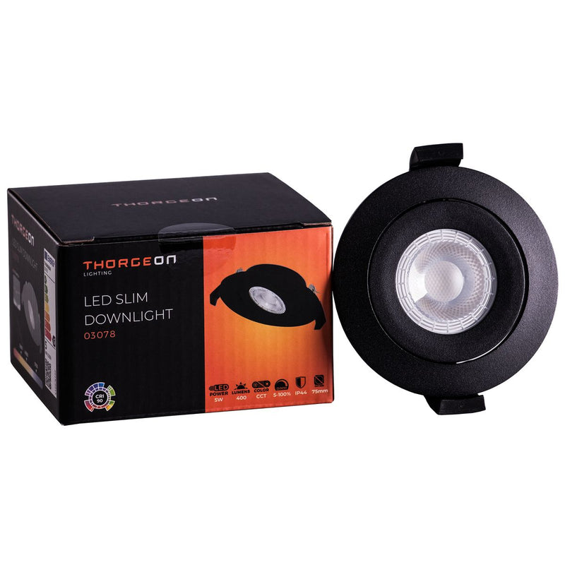 5 W, 400 lm, LED-Slim-Downlight, IP44, IK04, 3000 K / 4000 K / 5700 K, dimmbar, CCT, 70–75 mm, schwarzes LED-Downlight Thorgeon