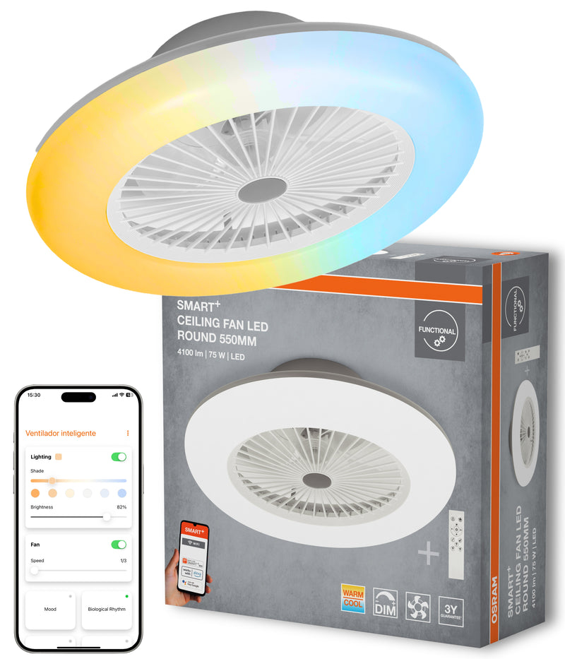 75W, 3000lm, Smart+ WiFi Ceiling Fan Round Tunable White,IP20, 216x600mm, LED älykattovalaisin tuulettimella Osram
