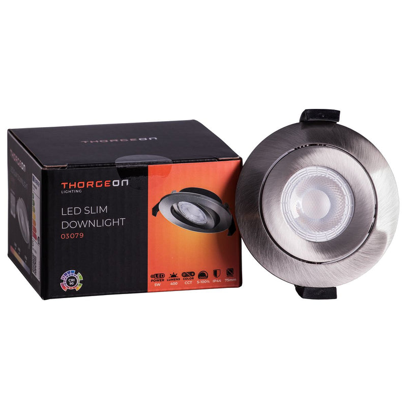 5W, 400lm, LED Slim Downlight, IP44, IK04, 3000K/4000K/5700K, DIM, CCT, 70-75mm, Nikkeli LED alasvalo Thorgeon
