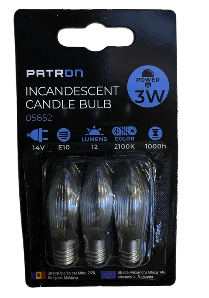 12V, 3W, 12lm, C6, E10, 2100K, 13x44mm, 3 Stk. Kerzenlampen für Leuchter Patron