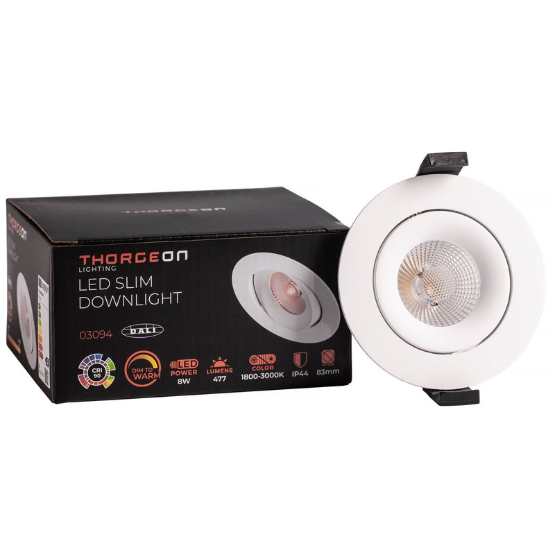 8W, 520lm, LED Downlight DALI, Dim to Warm, 38°, IP44, IK04, 1800K/3000K, 83mm, Valkoinen LED alasvalo Thorgeon