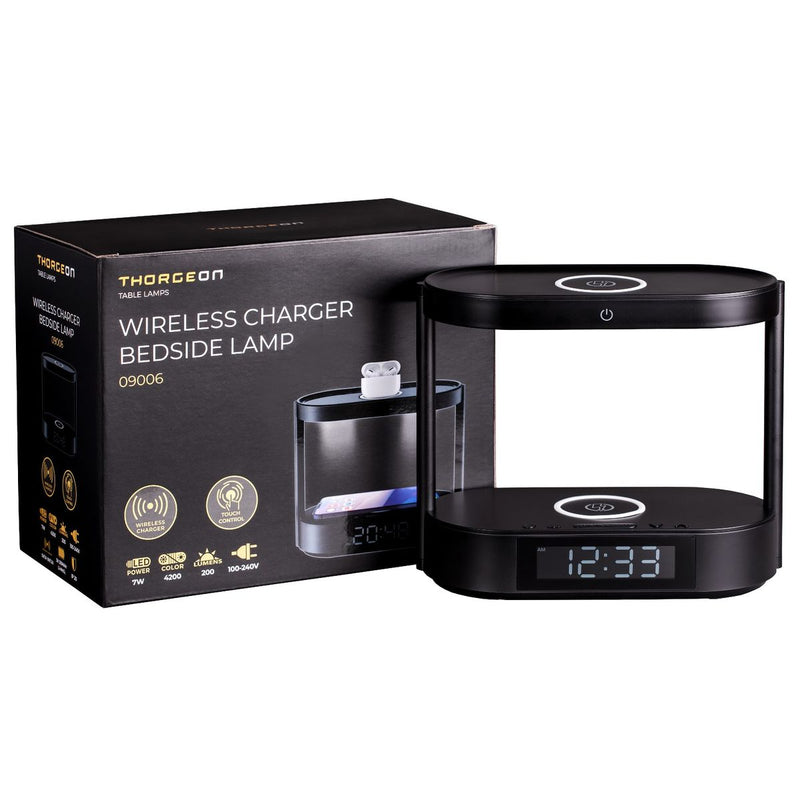 7W, 200lm, LED-Nachtischleuchte, 3800K/4600K, dimmbar, kabelloses Laden 5V 1A, schwarze Thorgoen LED-Tischleuchte